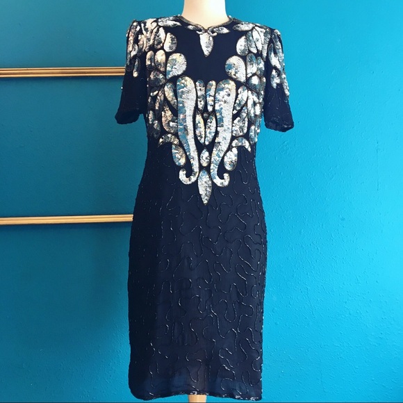 NWT Vintage 80s fully beaded sequined silk dress - Picture 1 of 12